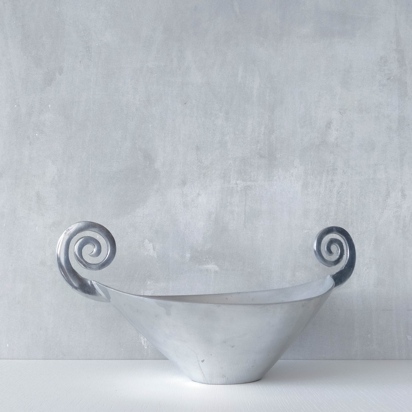 Vintage 90s cast aluminium spiral handled fruit bowl dish centrepiece silver
