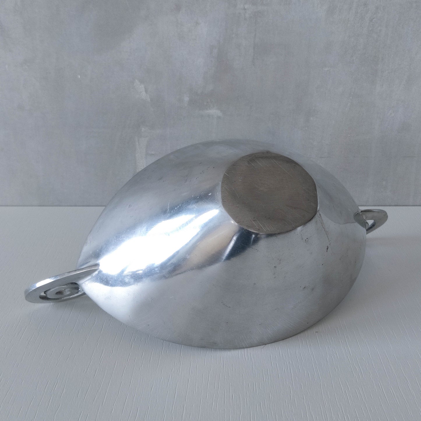 Vintage 90s cast aluminium spiral handled fruit bowl dish centrepiece silver