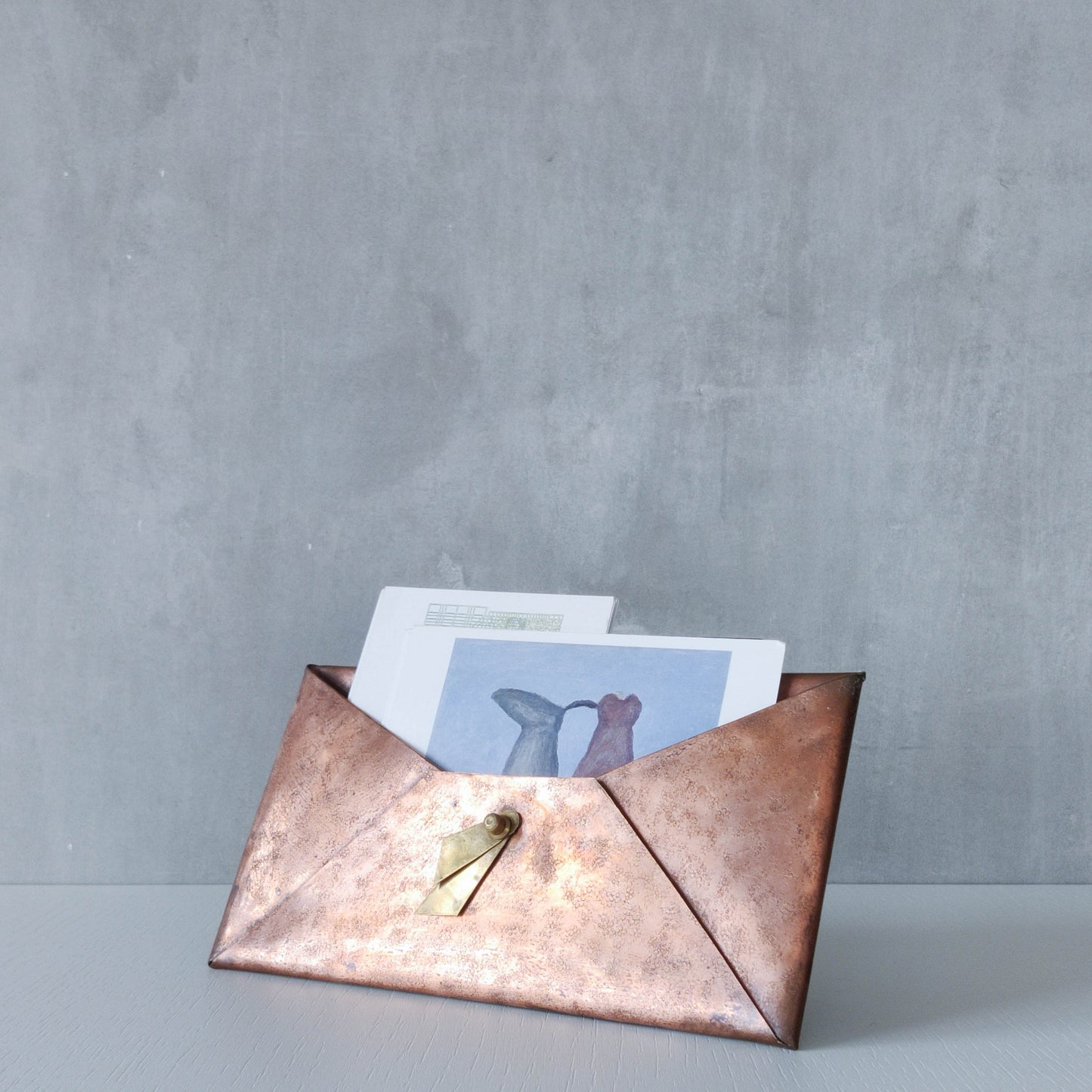 Vintage copper brass hammered Arts & Crafts style letter holder envelope shaped