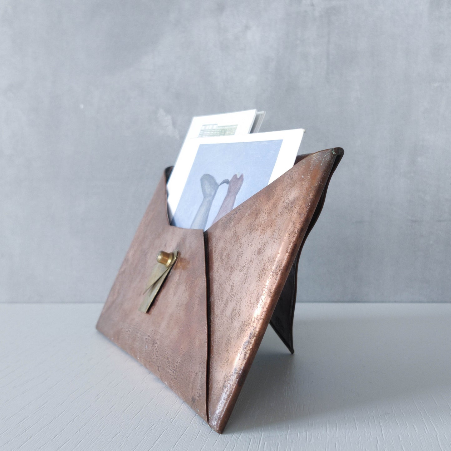 Vintage copper brass hammered Arts & Crafts style letter holder envelope shaped