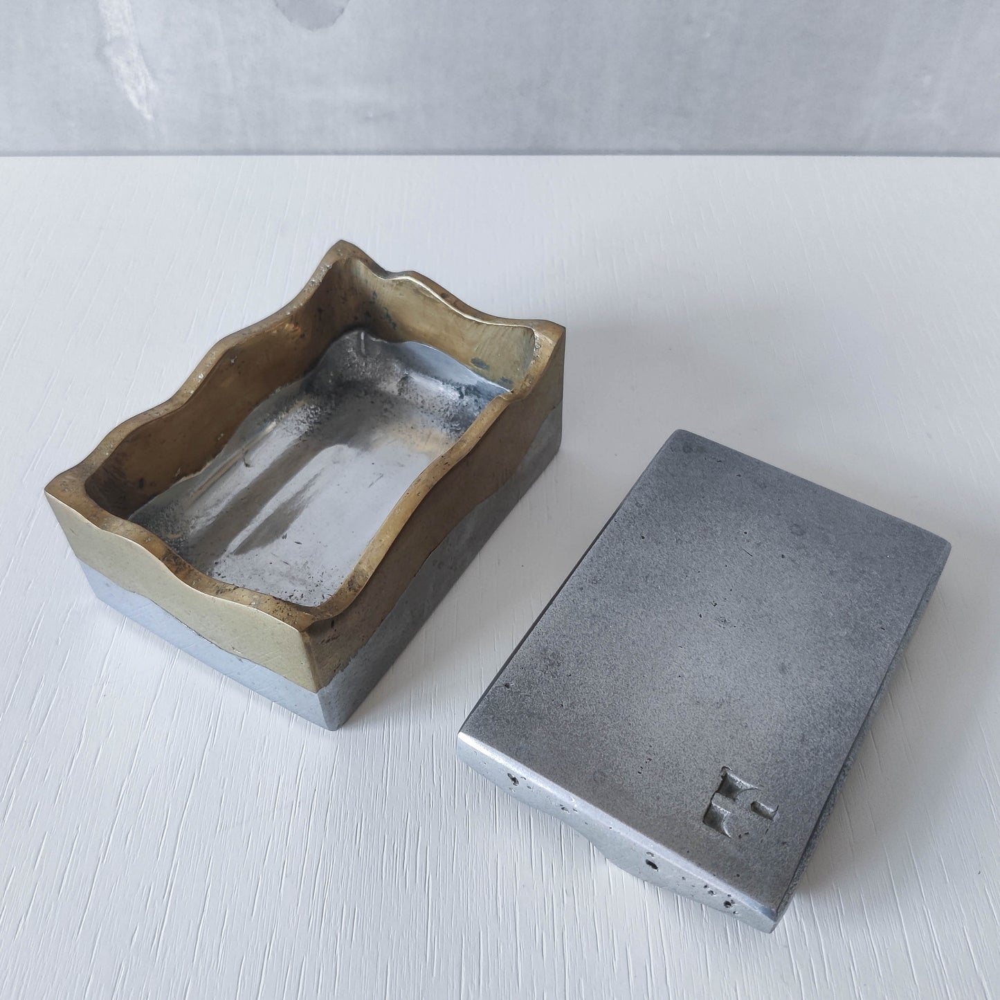 Vintage 70s/80s David Marshall Disenos brutalist cast aluminium and brass jewellery trinket lidded box