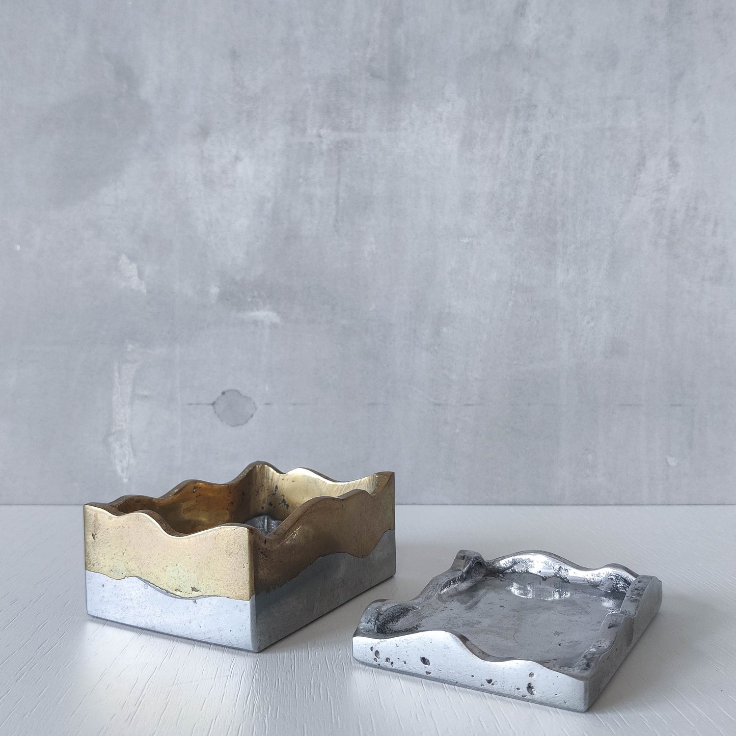 Vintage 70s/80s David Marshall Disenos brutalist cast aluminium and brass jewellery trinket lidded box