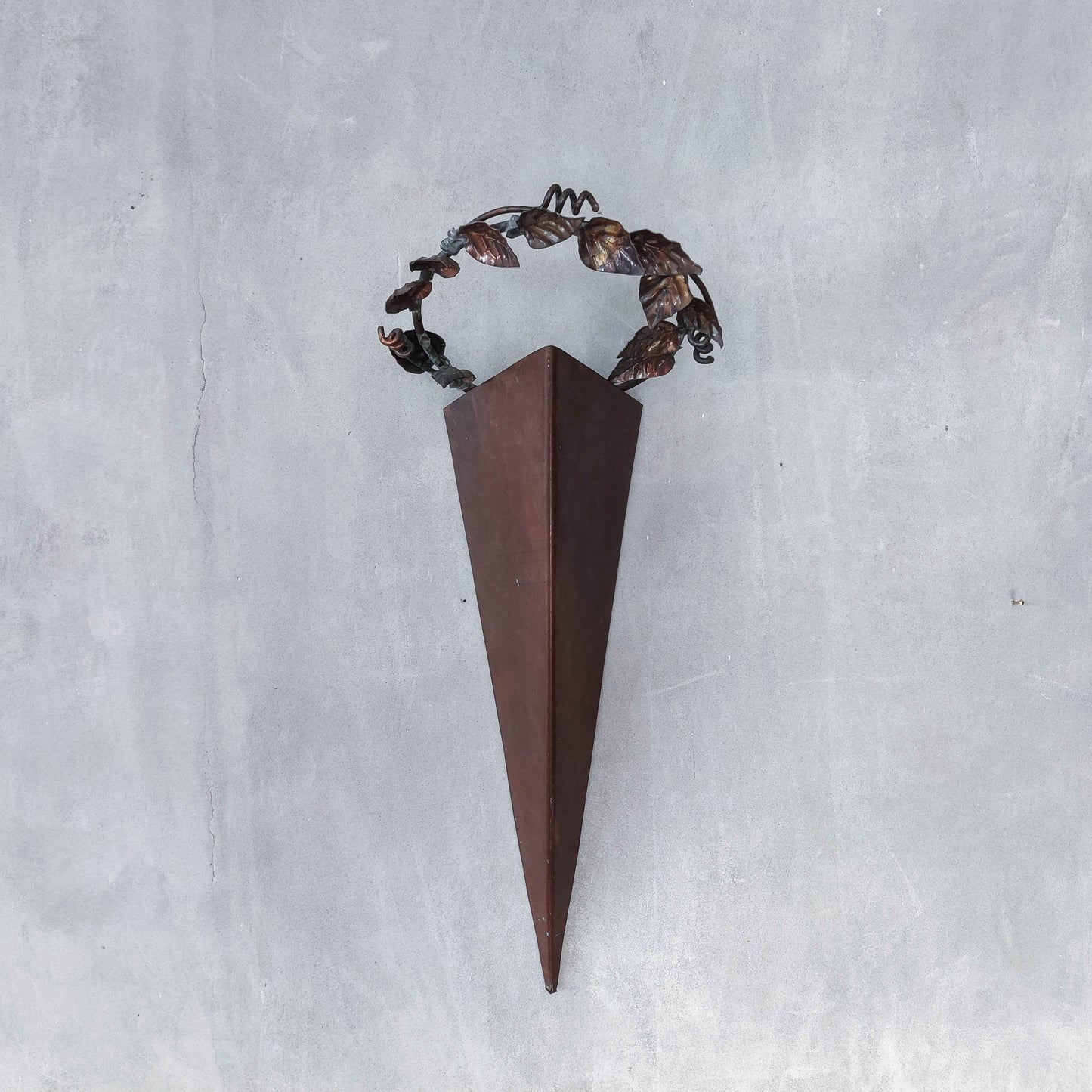 Artisan fabricated copper sculptural pyramid metalwork candle sconce leaf wreath