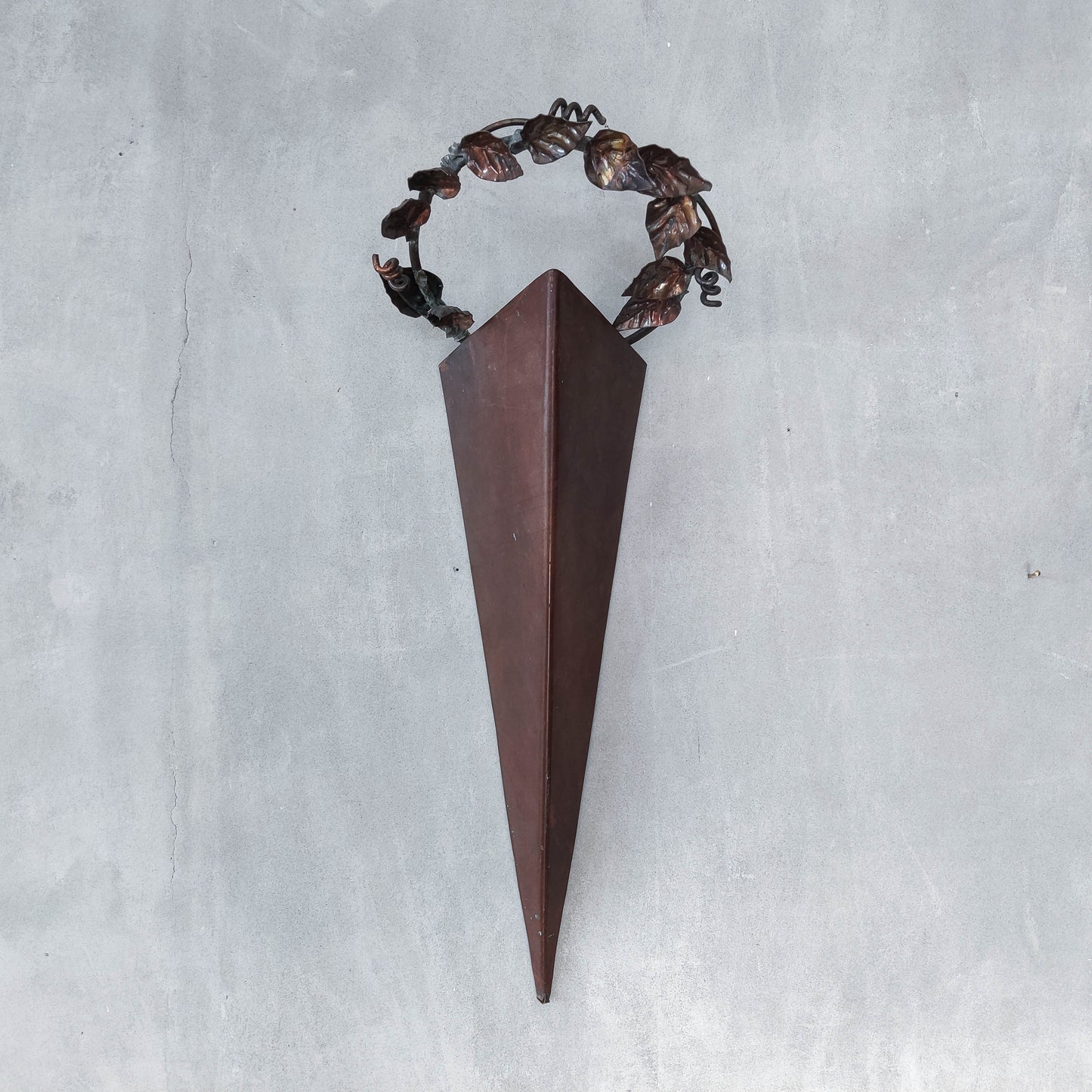 Artisan fabricated copper sculptural pyramid metalwork candle sconce leaf wreath