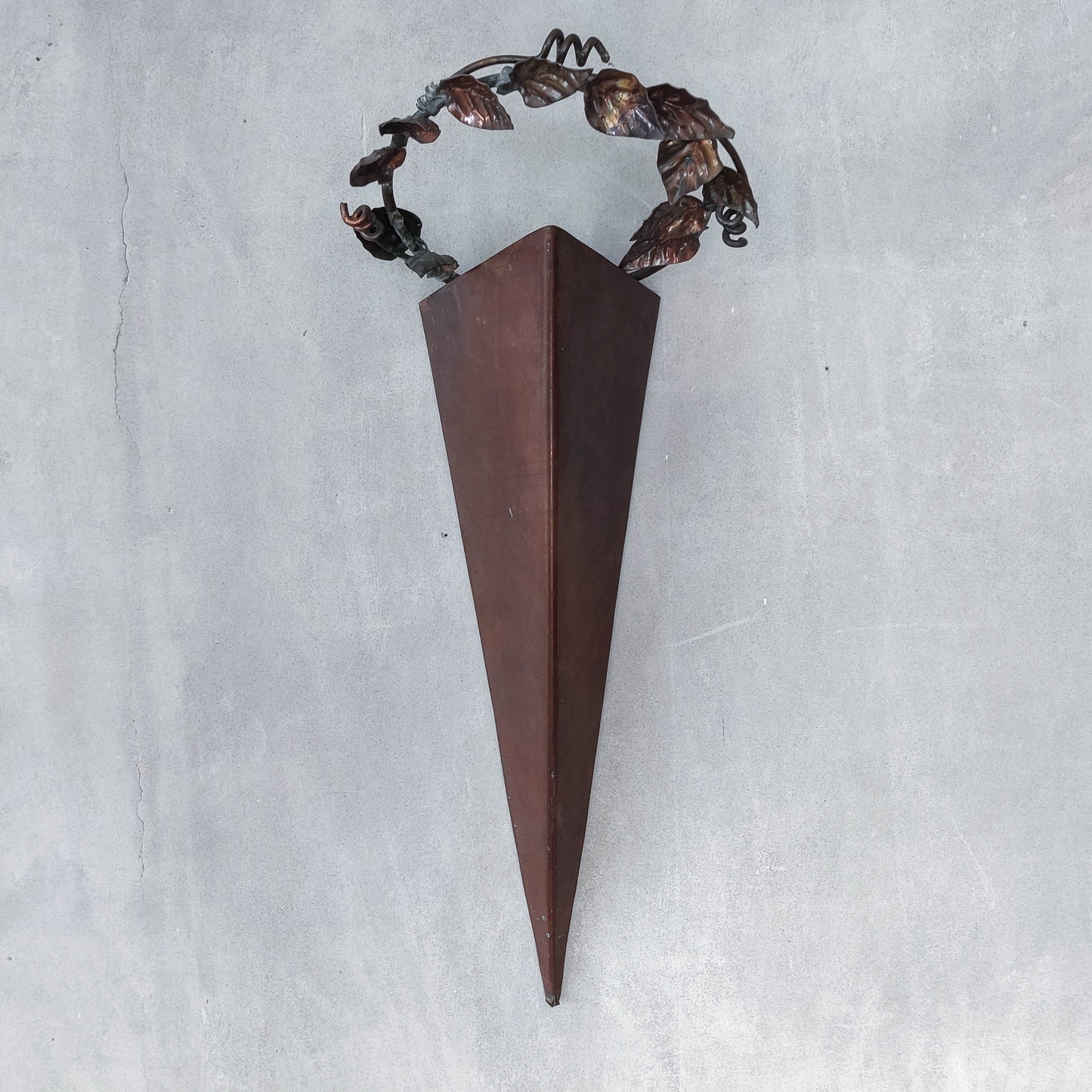 Artisan fabricated copper sculptural pyramid metalwork candle sconce leaf wreath