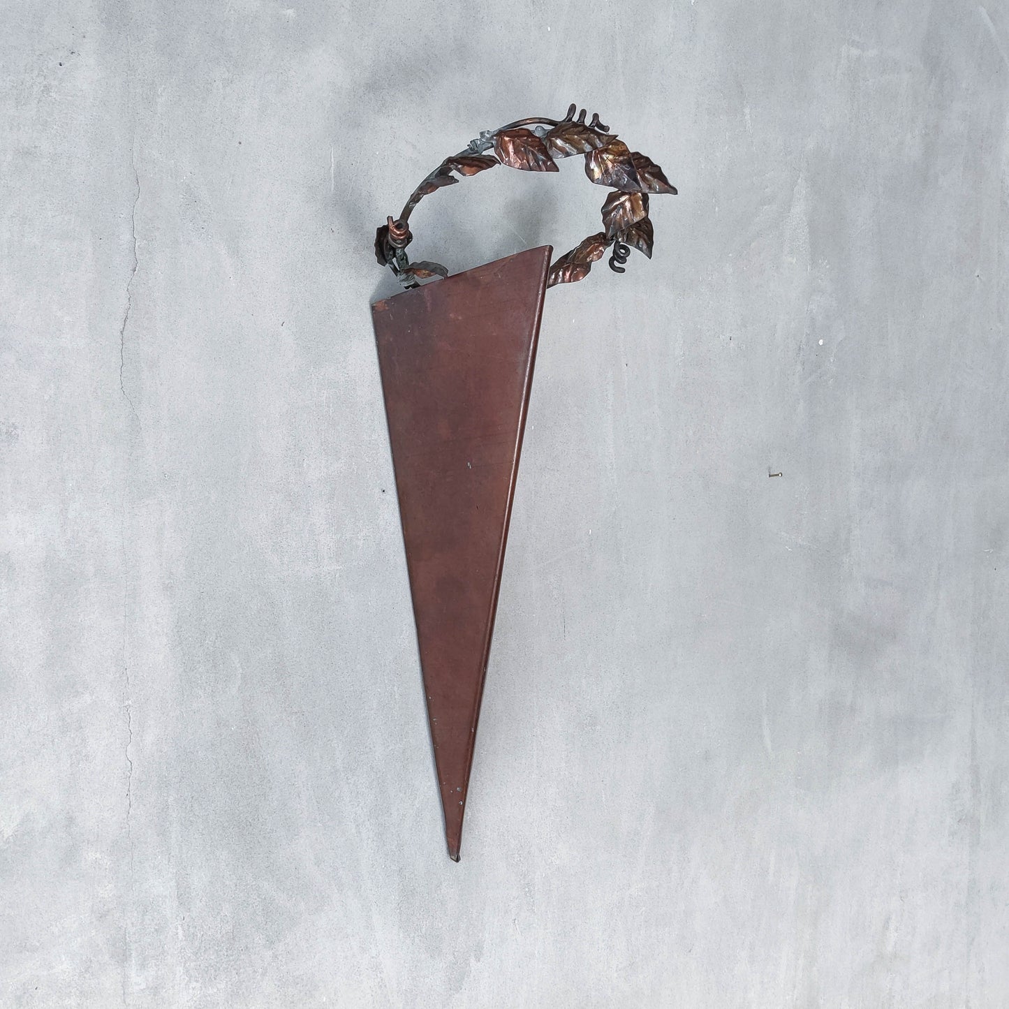 Artisan fabricated copper sculptural pyramid metalwork candle sconce leaf wreath