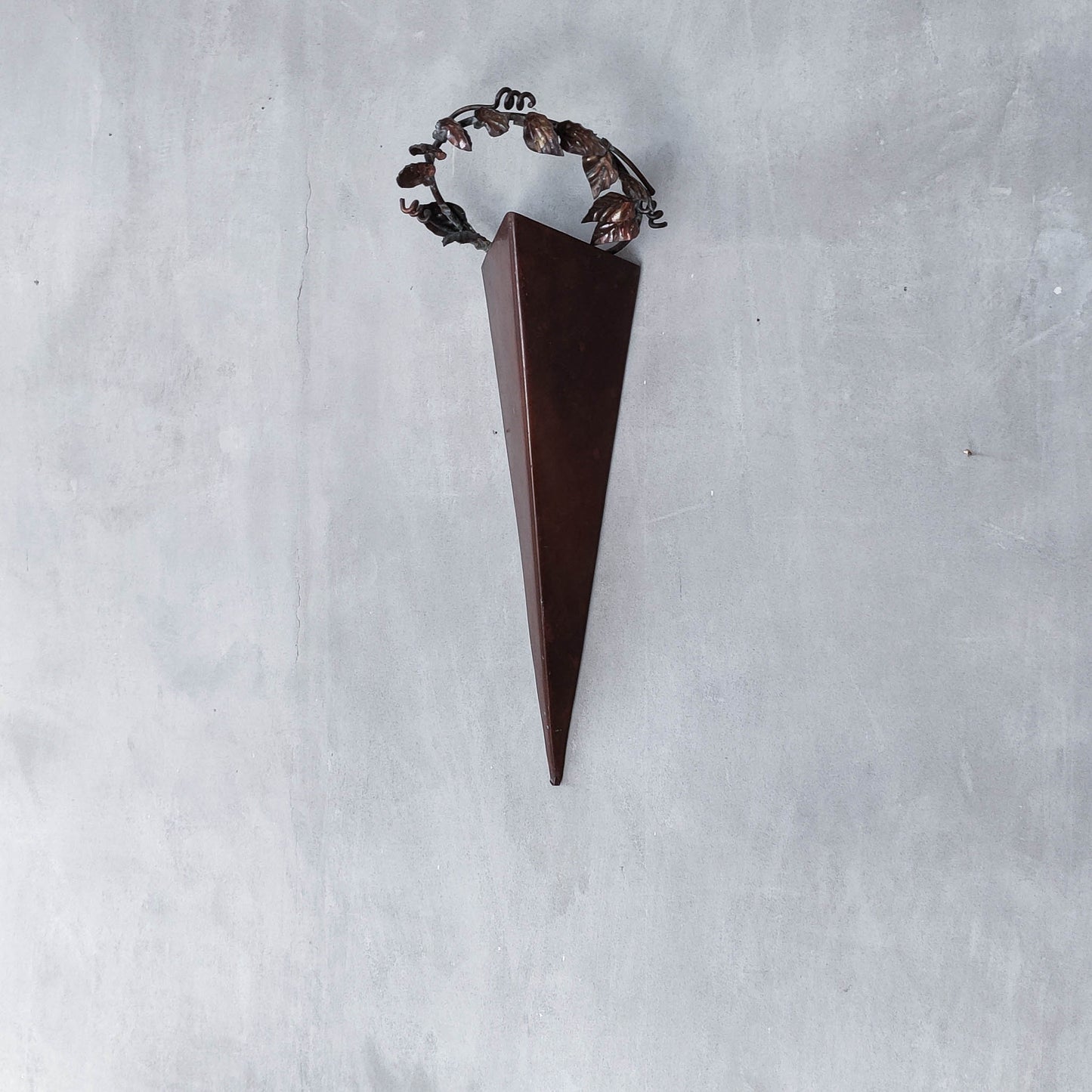 Artisan fabricated copper sculptural pyramid metalwork candle sconce leaf wreath