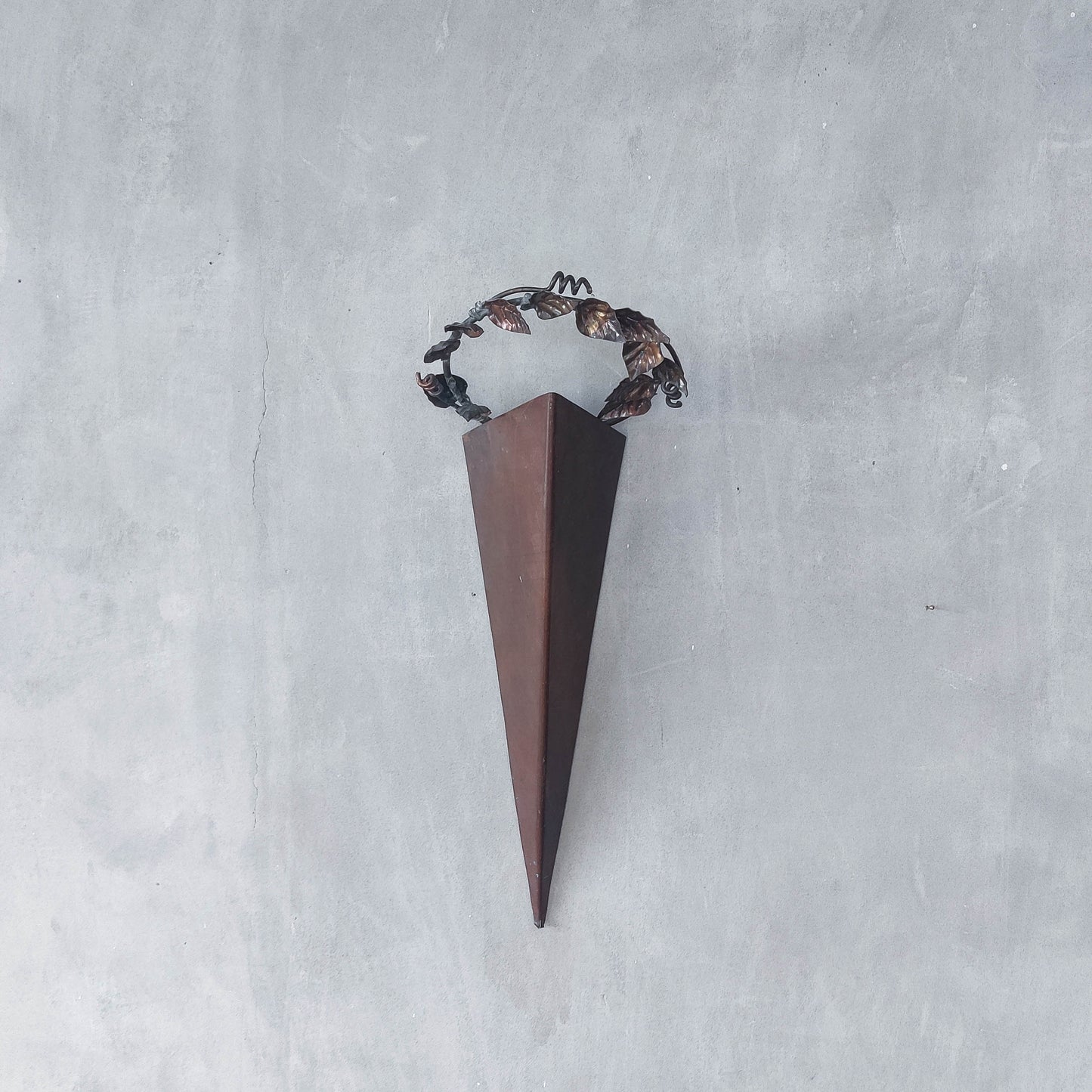 Artisan fabricated copper sculptural pyramid metalwork candle sconce leaf wreath