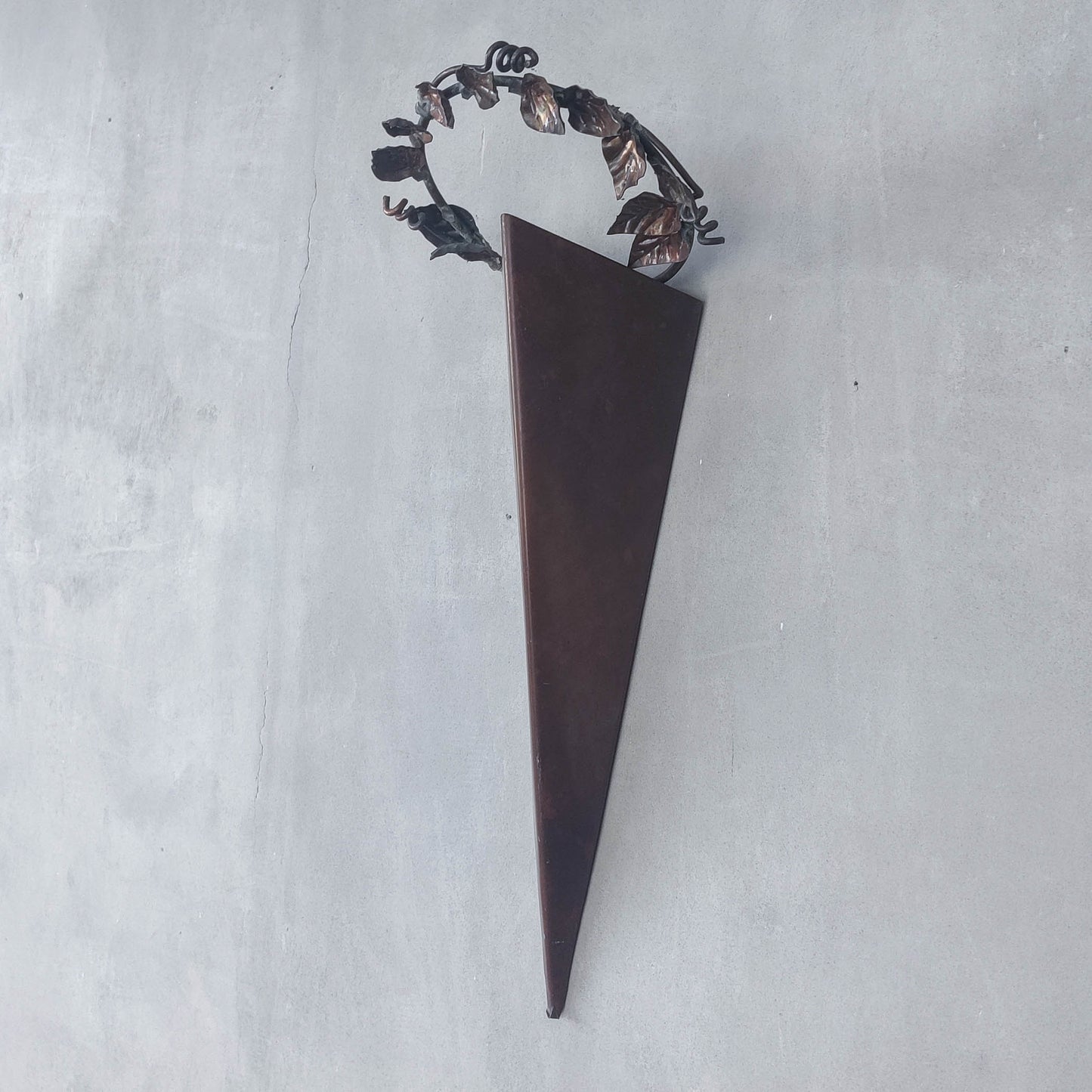 Artisan fabricated copper sculptural pyramid metalwork candle sconce leaf wreath