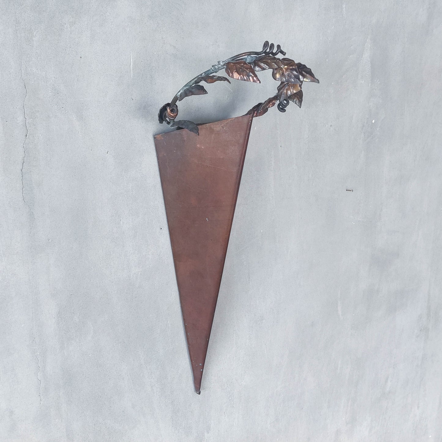 Artisan fabricated copper sculptural pyramid metalwork candle sconce leaf wreath