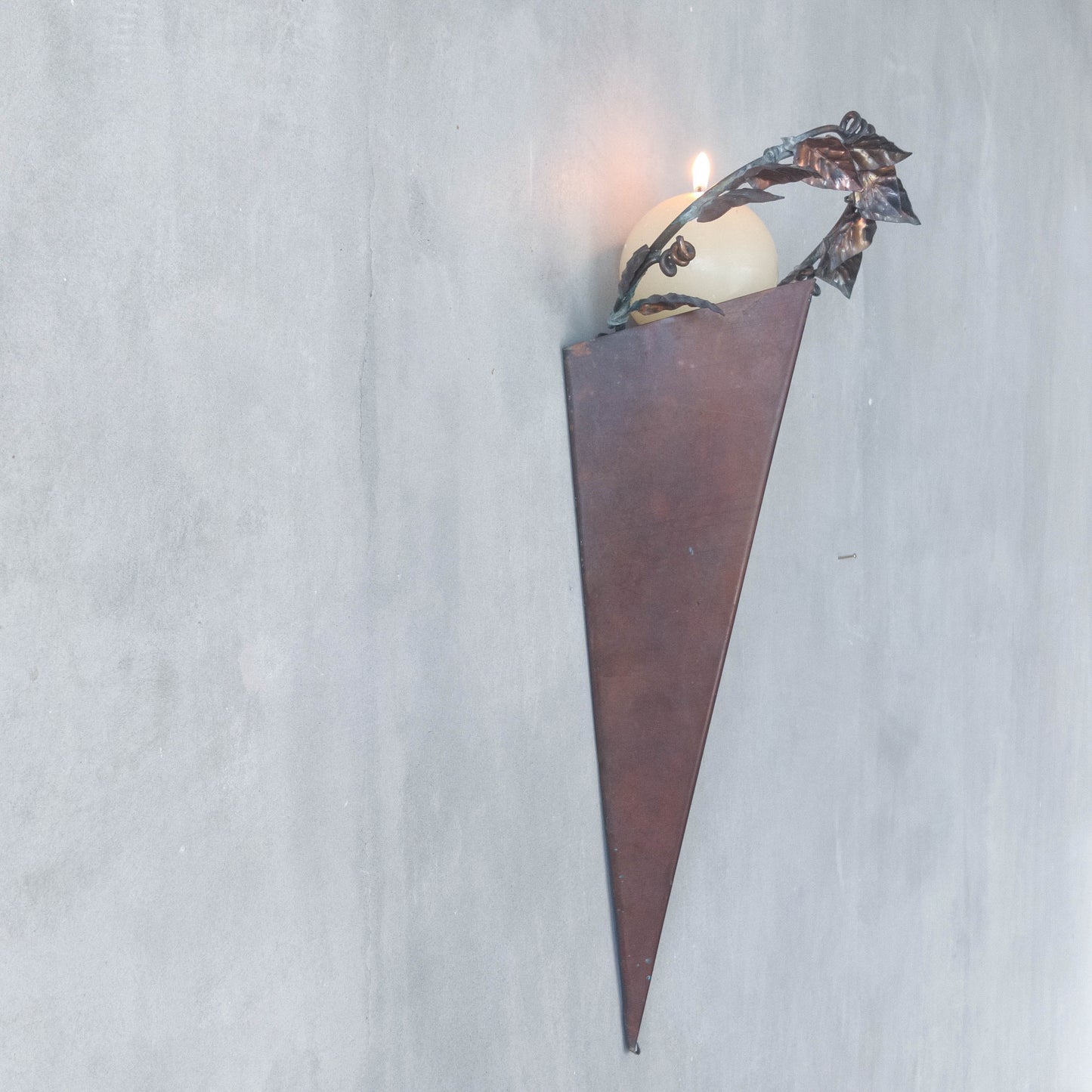 Artisan fabricated copper sculptural pyramid metalwork candle sconce leaf wreath