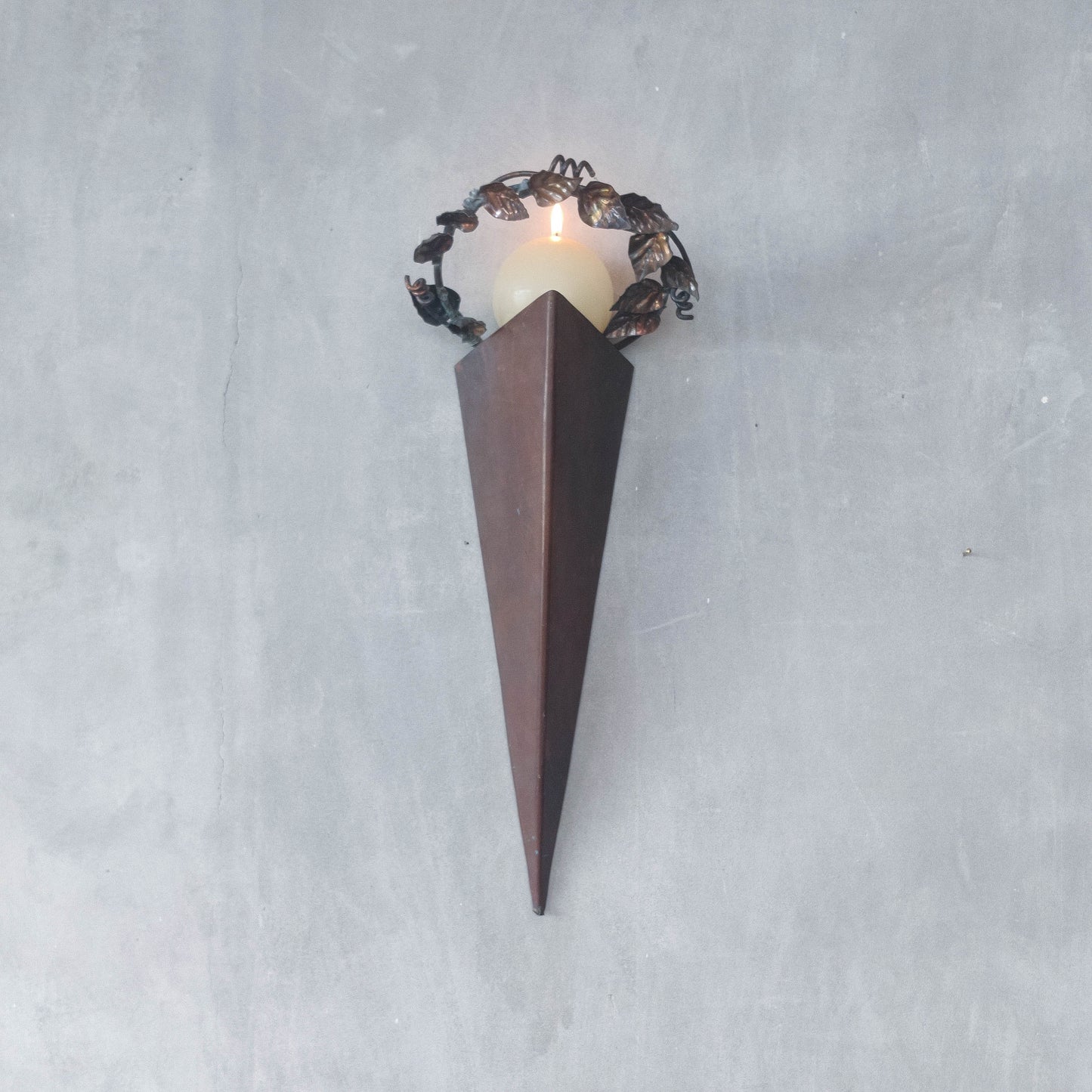 Artisan fabricated copper sculptural pyramid metalwork candle sconce leaf wreath