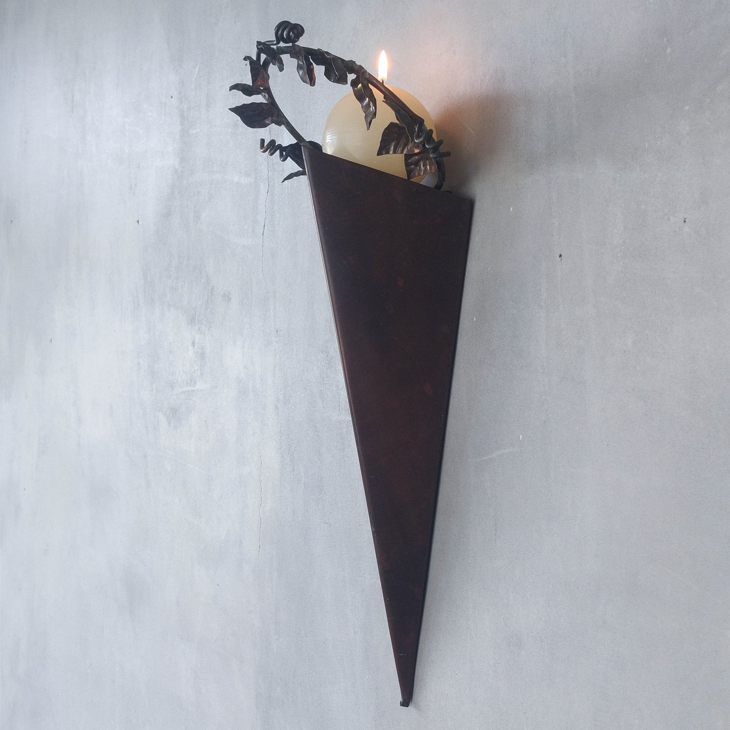 Artisan fabricated copper sculptural pyramid metalwork candle sconce leaf wreath