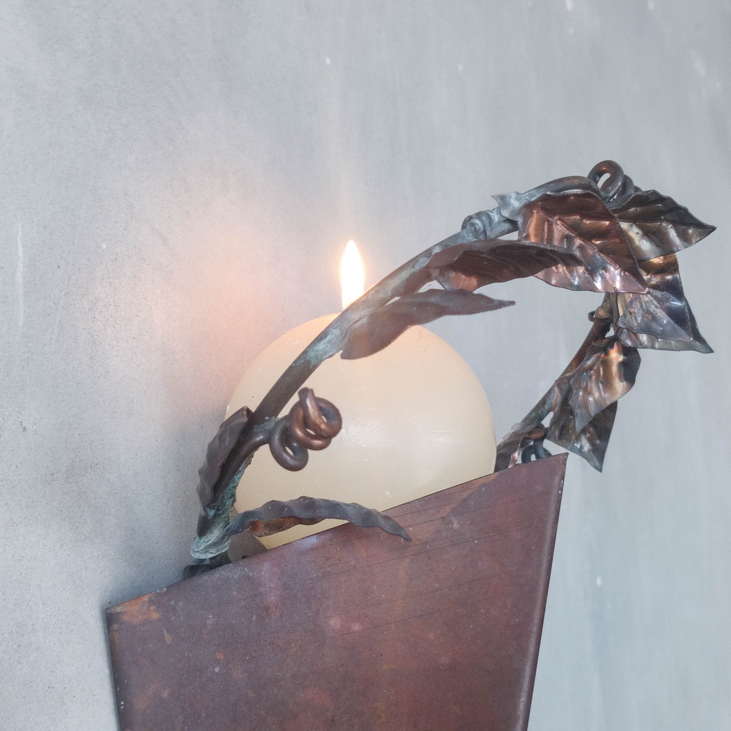 Artisan fabricated copper sculptural pyramid metalwork candle sconce leaf wreath