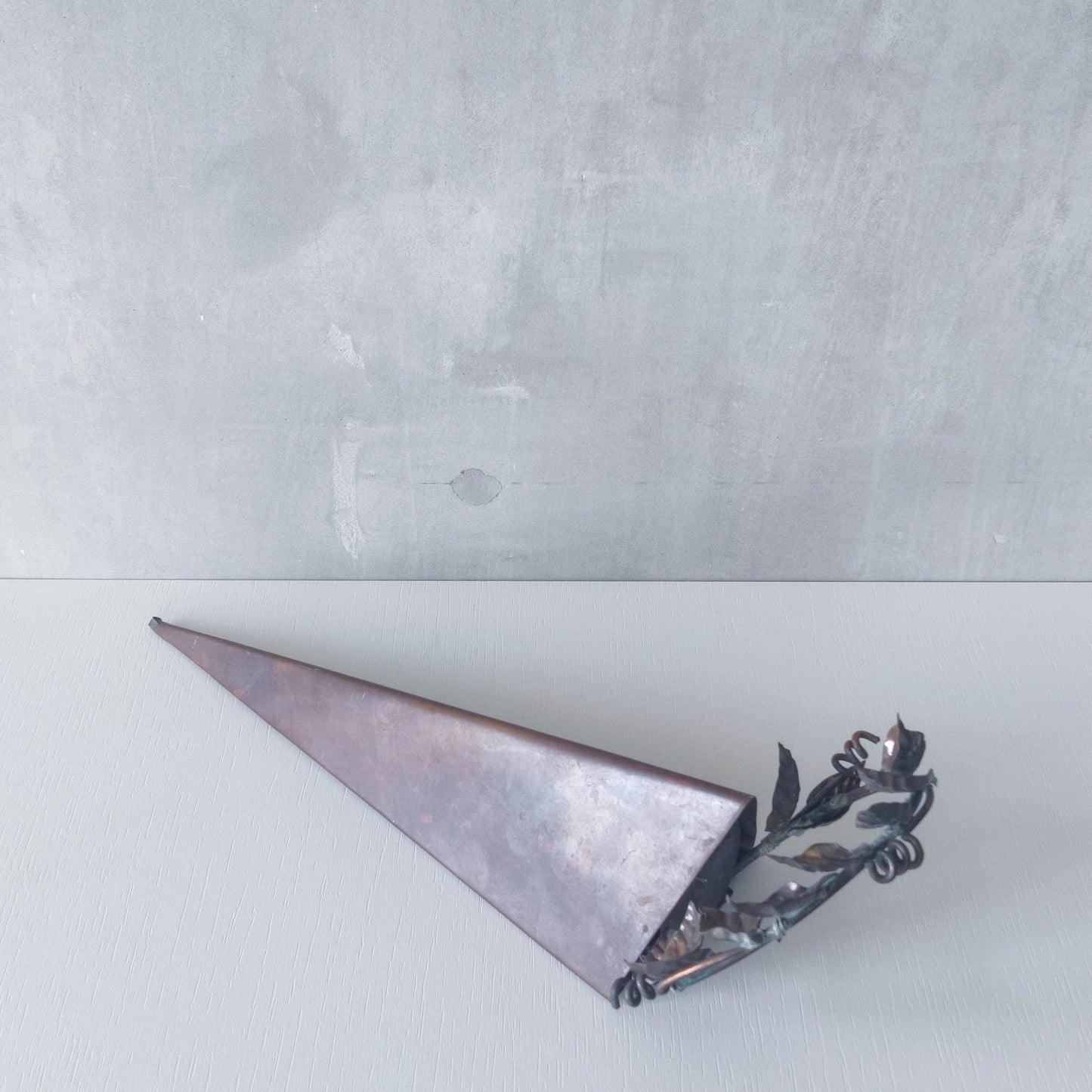 Artisan fabricated copper sculptural pyramid metalwork candle sconce leaf wreath