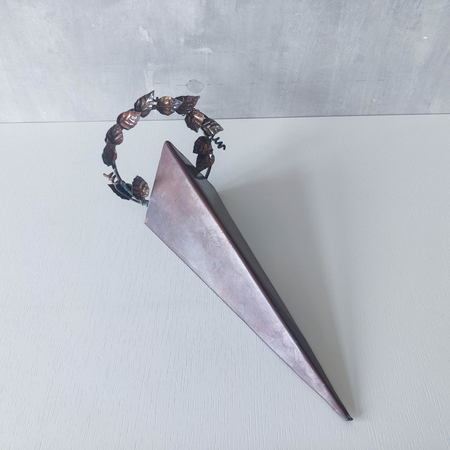 Artisan fabricated copper sculptural pyramid metalwork candle sconce leaf wreath