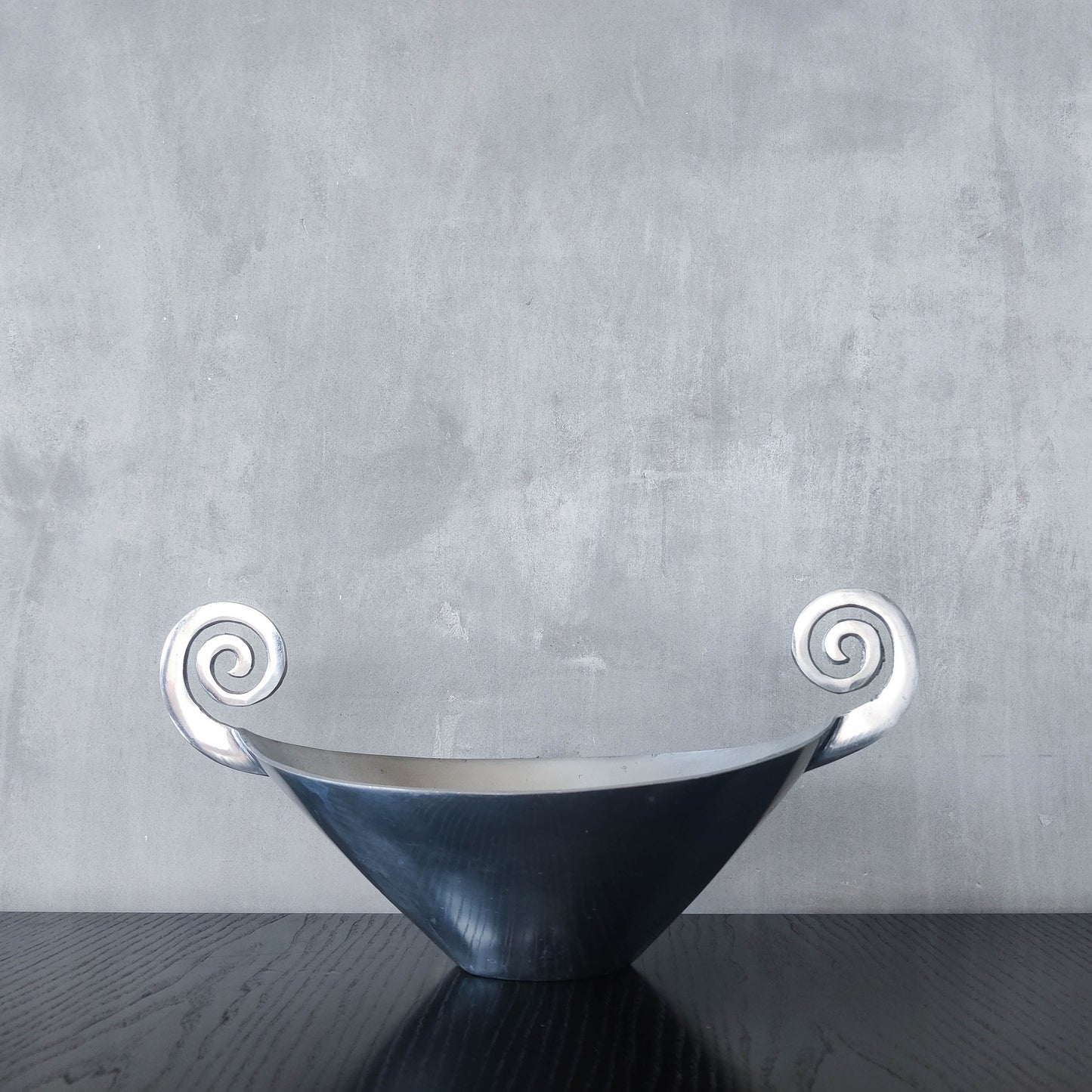 Vintage 90s cast aluminium spiral handled fruit bowl dish centrepiece silver