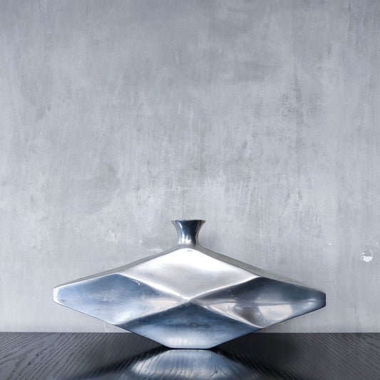 Vintage 1990s hand cast aluminium modernist sculptural vessel faceted vase form