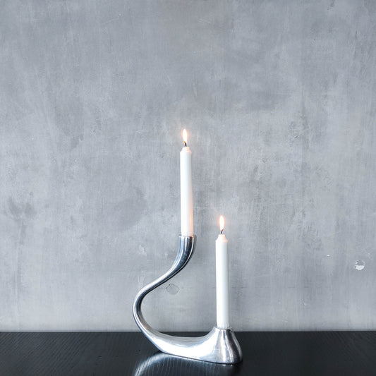 Vintage 1990s cast aluminium sculptural double candle holder candelabra chrome