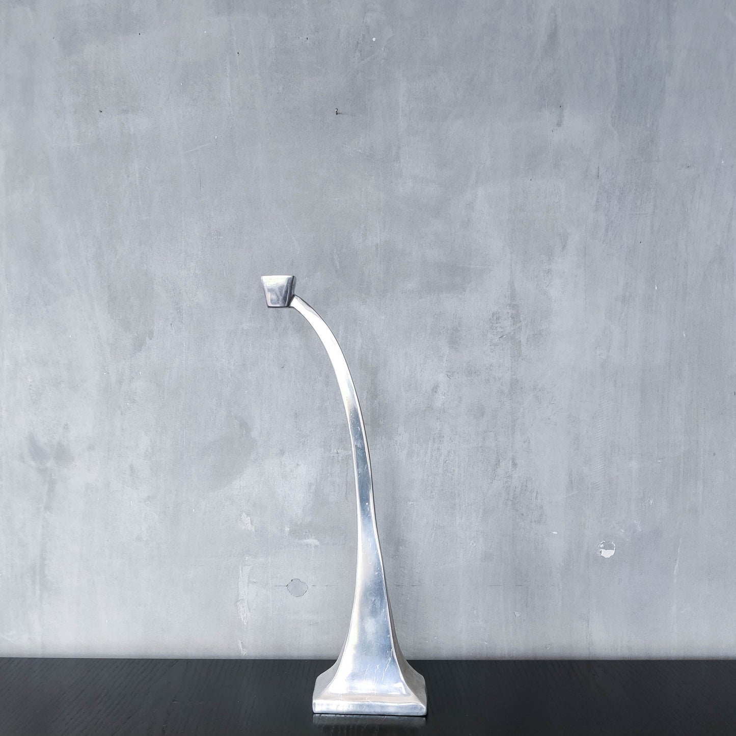 Single tall vintage 90s modernist style cast aluminium sculptural candle holder