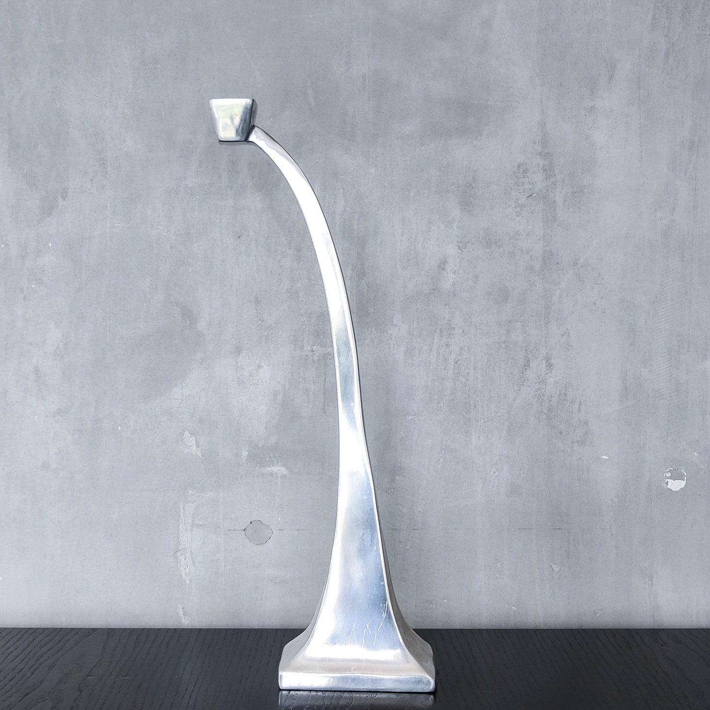 Single tall vintage 90s modernist style cast aluminium sculptural candle holder
