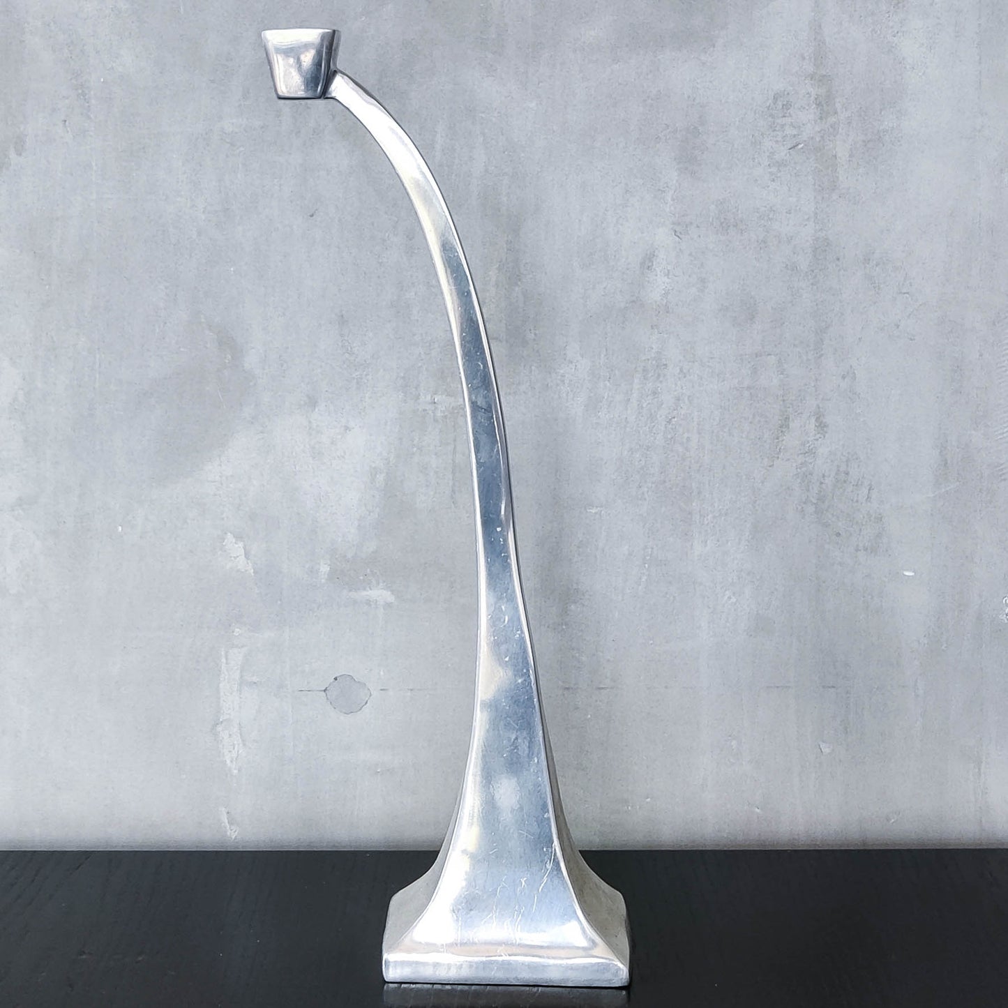 Single tall vintage 90s modernist style cast aluminium sculptural candle holder