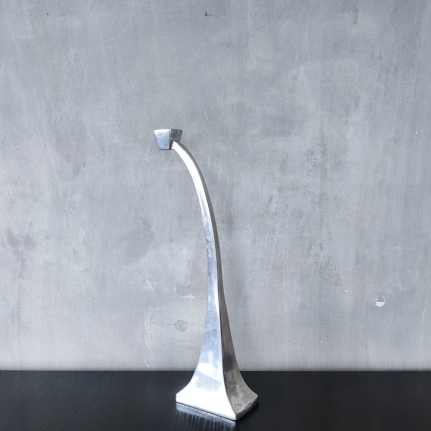 Single tall vintage 90s modernist style cast aluminium sculptural candle holder