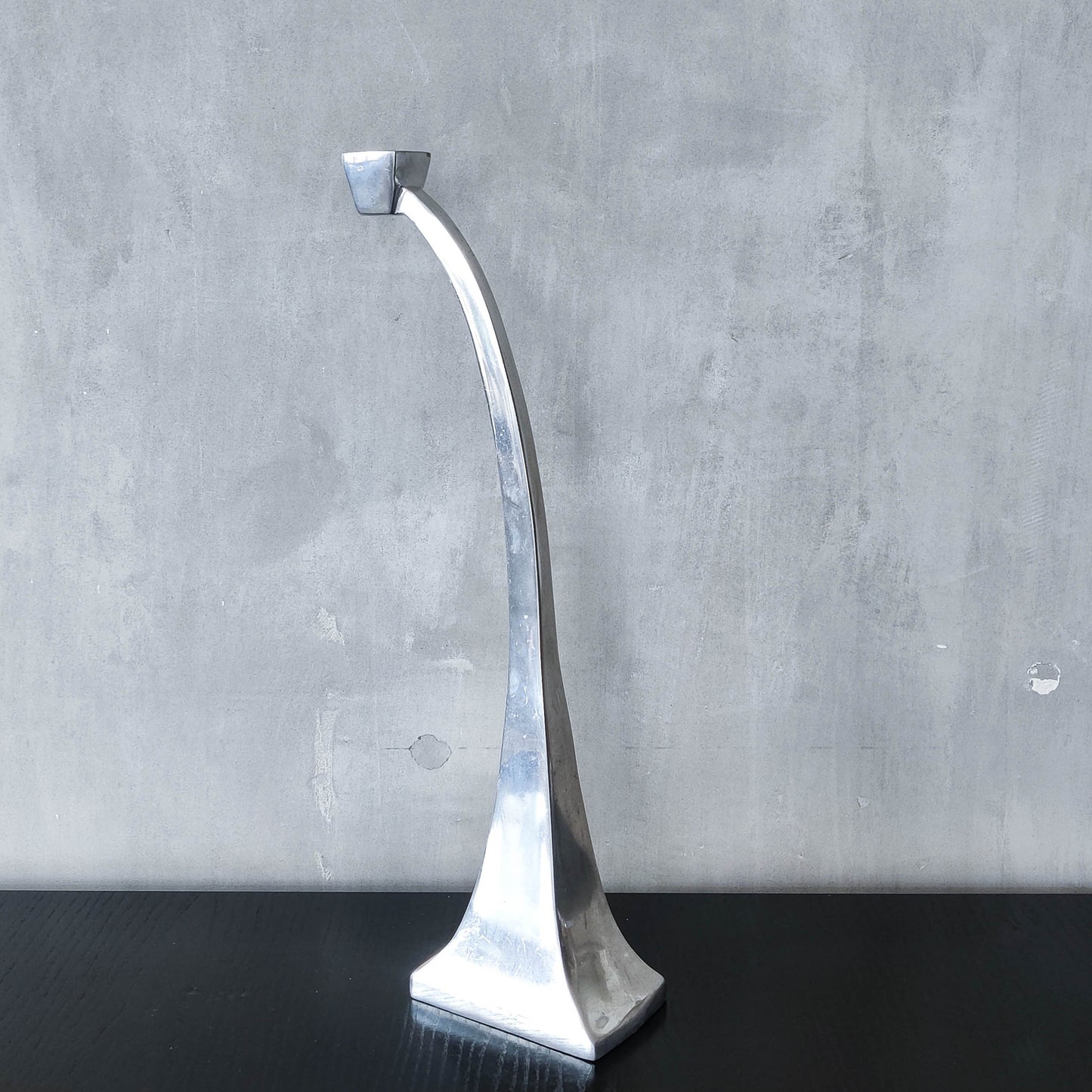 Single tall vintage 90s modernist style cast aluminium sculptural candle holder