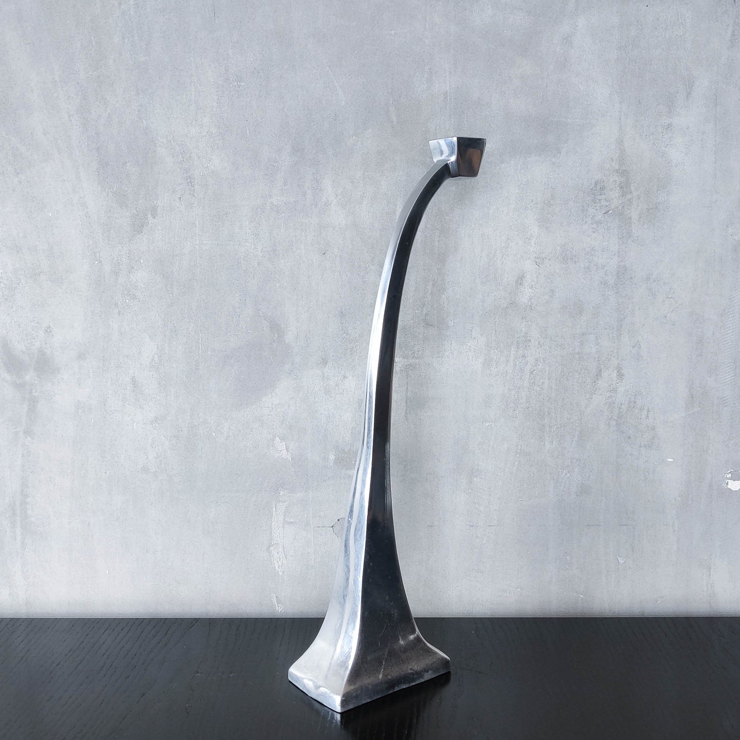 Single tall vintage 90s modernist style cast aluminium sculptural candle holder