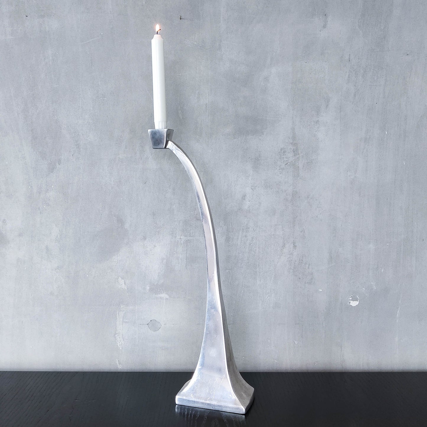 Single tall vintage 90s modernist style cast aluminium sculptural candle holder