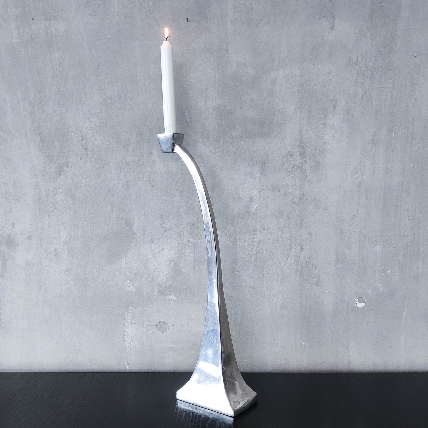 Single tall vintage 90s modernist style cast aluminium sculptural candle holder