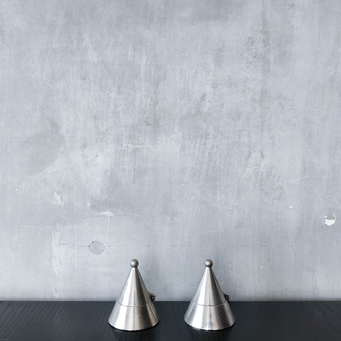 Pair of vintage conical silver chrome tea light holders Aldo Rossi Alessi modernist