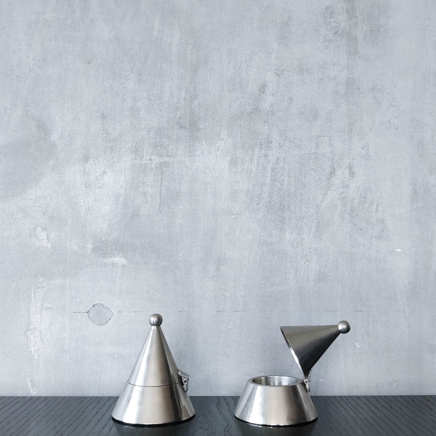 Pair of vintage conical silver chrome tea light holders Aldo Rossi Alessi modernist