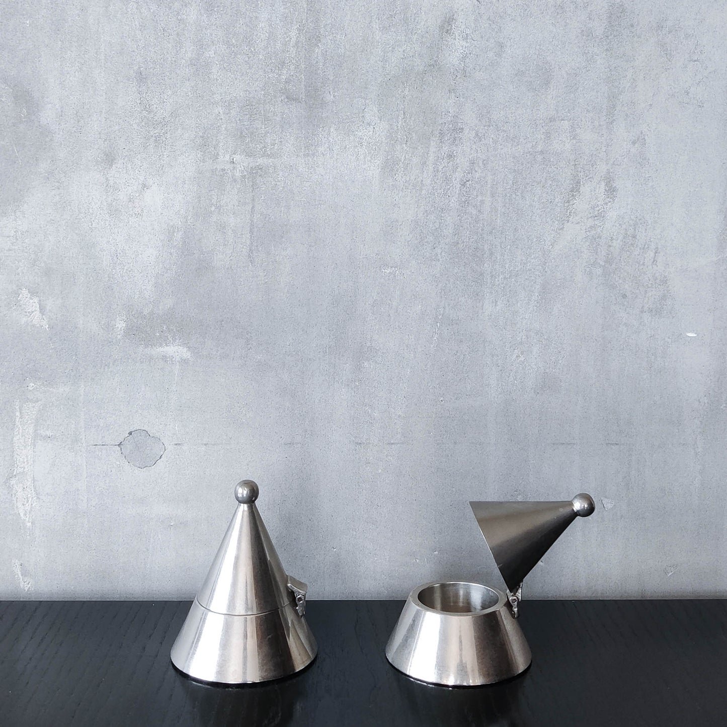 Pair of vintage conical silver chrome tea light holders Aldo Rossi Alessi modernist