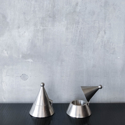 Pair of vintage conical silver chrome tea light holders Aldo Rossi Alessi modernist