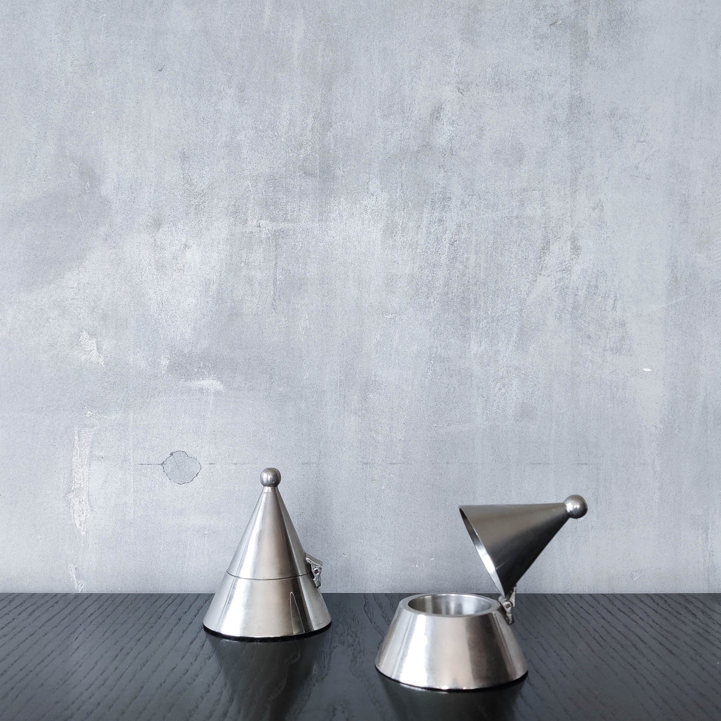Pair of vintage conical silver chrome tea light holders Aldo Rossi Alessi modernist