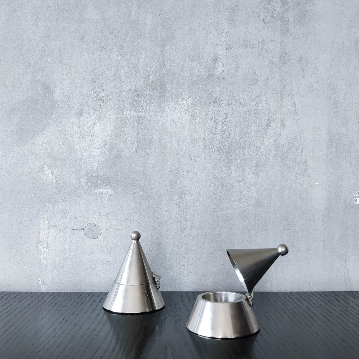 Pair of vintage conical silver chrome tea light holders Aldo Rossi Alessi modernist