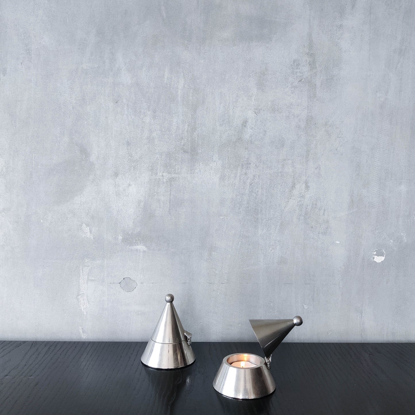 Pair of vintage conical silver chrome tea light holders Aldo Rossi Alessi modernist