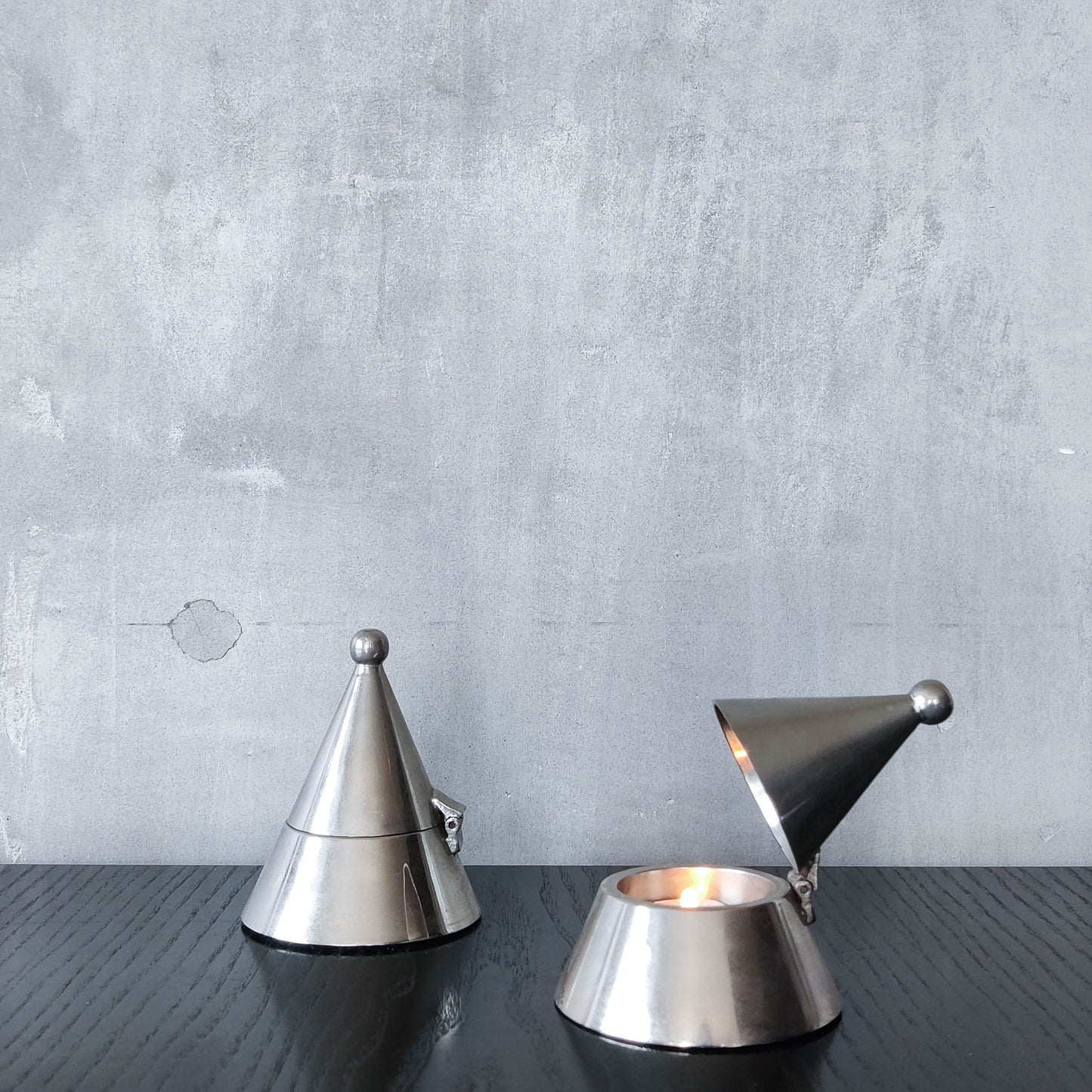 Pair of vintage conical silver chrome tea light holders Aldo Rossi Alessi modernist