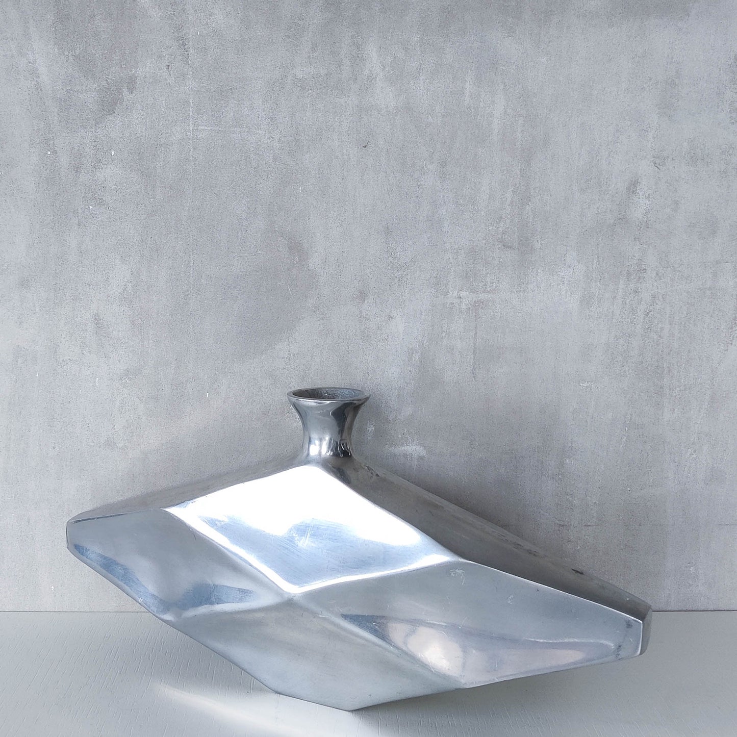 Vintage 1990s hand cast aluminium modernist sculptural vessel faceted vase form