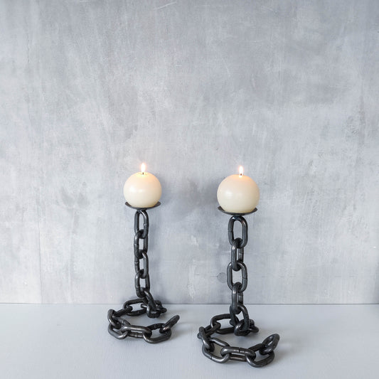 Pair of brutalist heavy hand welded steel chain link sculptural candle holders
