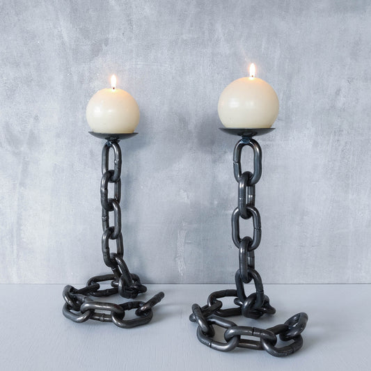 Pair of brutalist heavy hand welded steel chain link sculptural candle holders