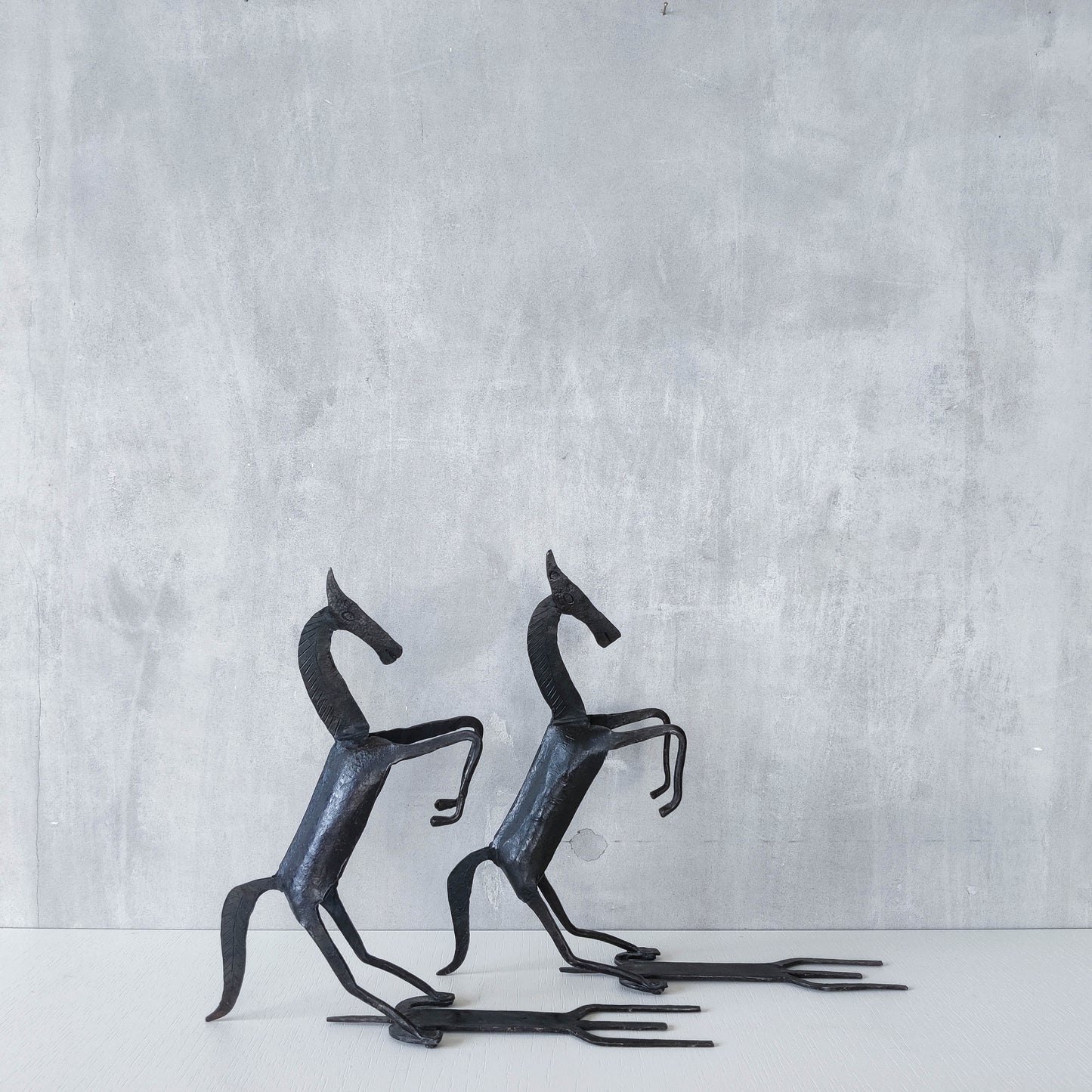 Vintage brutalist pair of hand forged patinated steel horses bookends sculptures