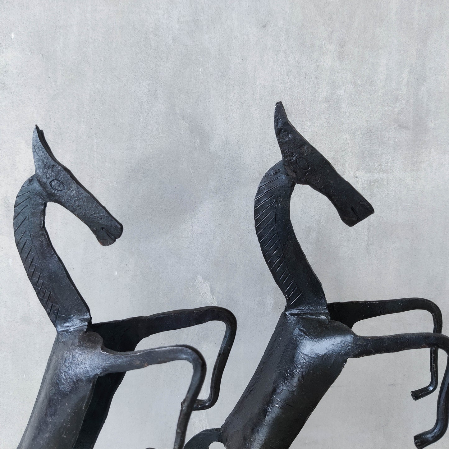 Vintage brutalist pair of hand forged patinated steel horses bookends sculptures