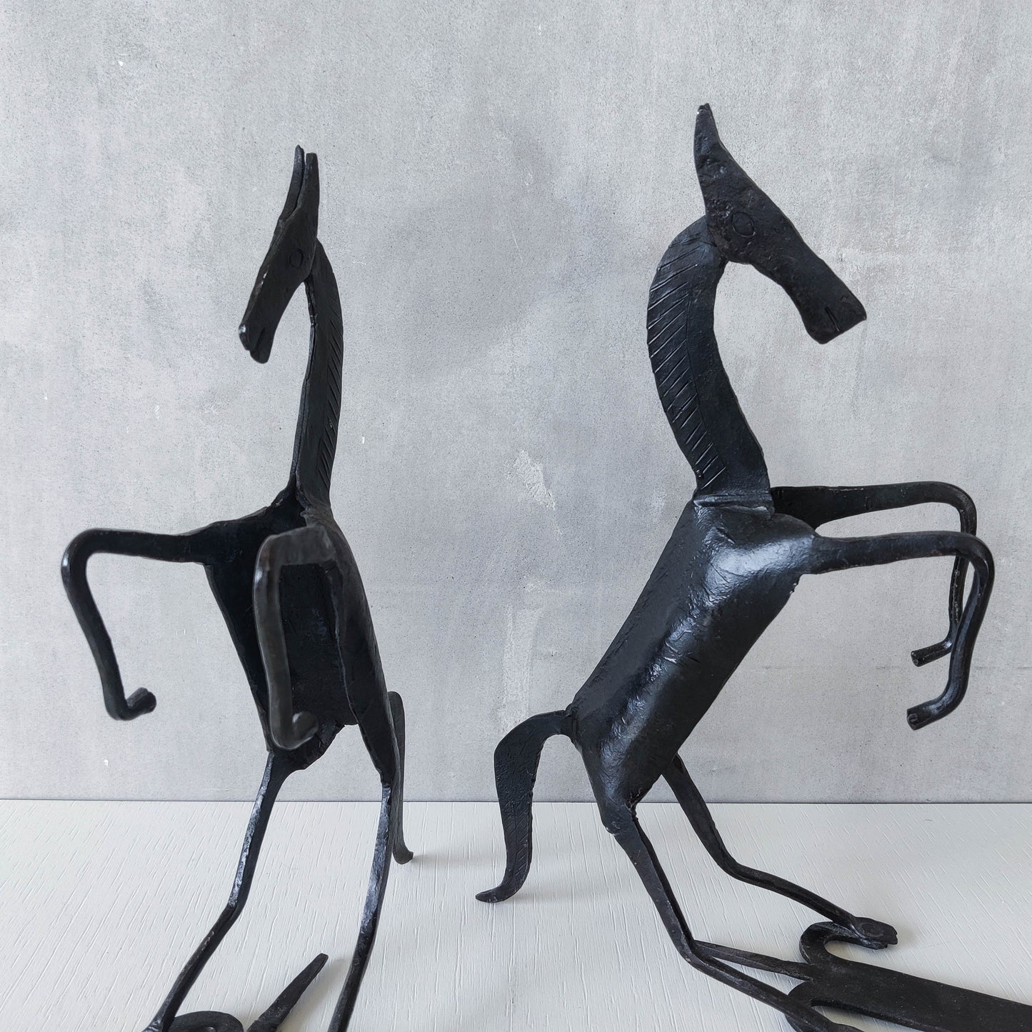Vintage brutalist pair of hand forged patinated steel horses bookends sculptures