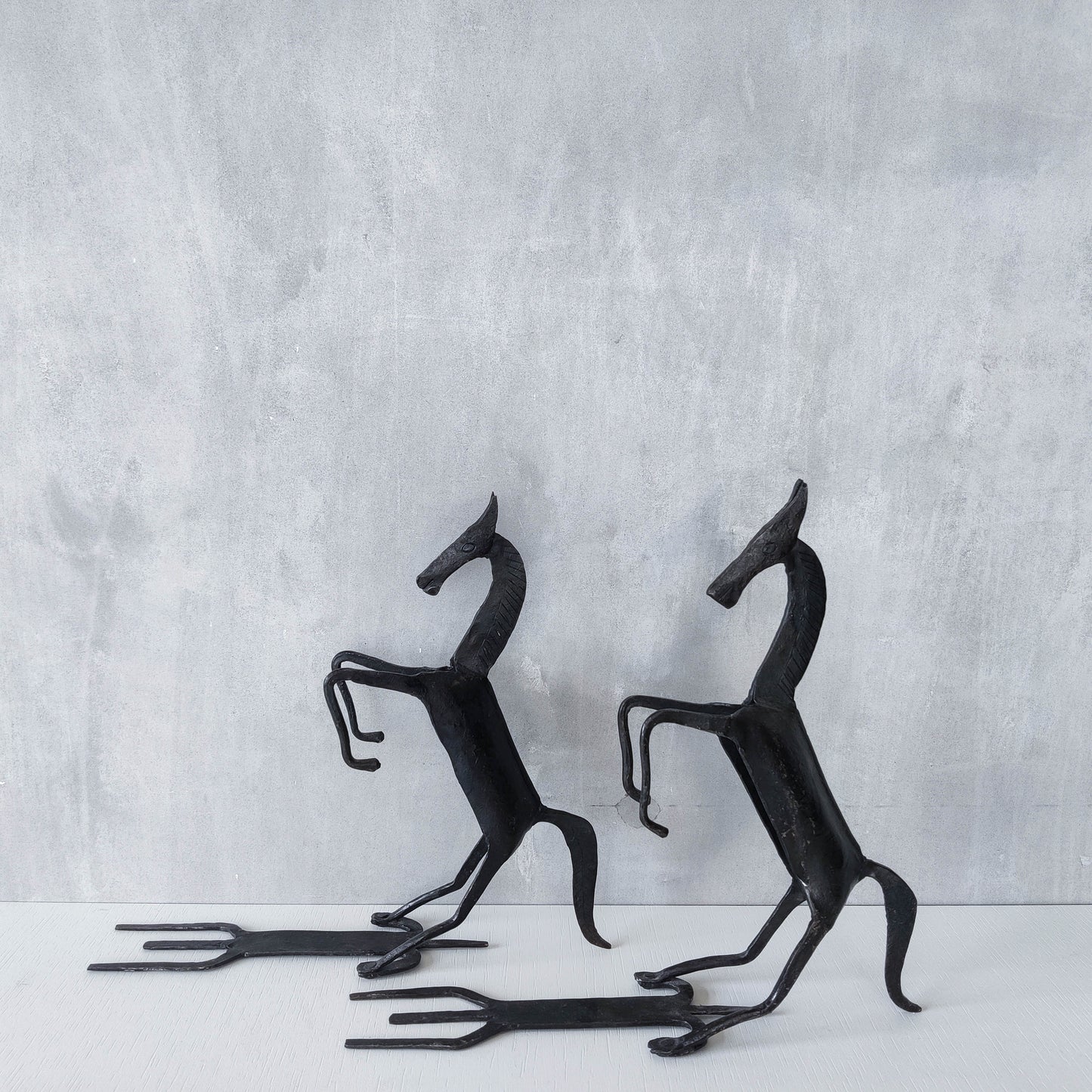 Vintage brutalist pair of hand forged patinated steel horses bookends sculptures