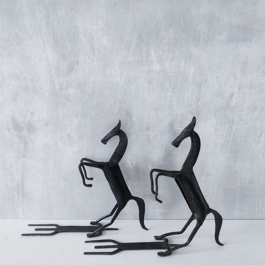 Vintage brutalist pair of hand forged patinated steel horses bookends sculptures