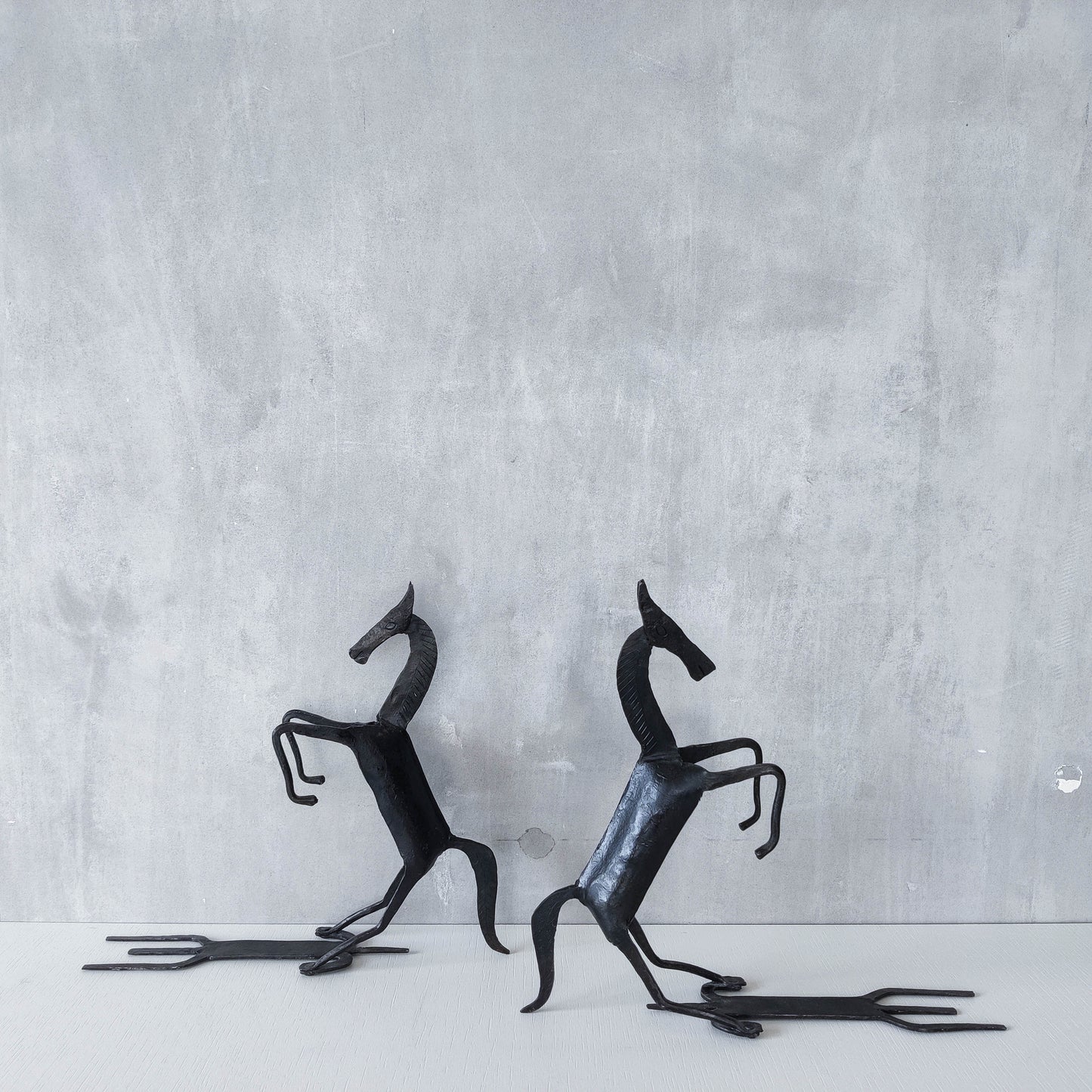 Vintage brutalist pair of hand forged patinated steel horses bookends sculptures