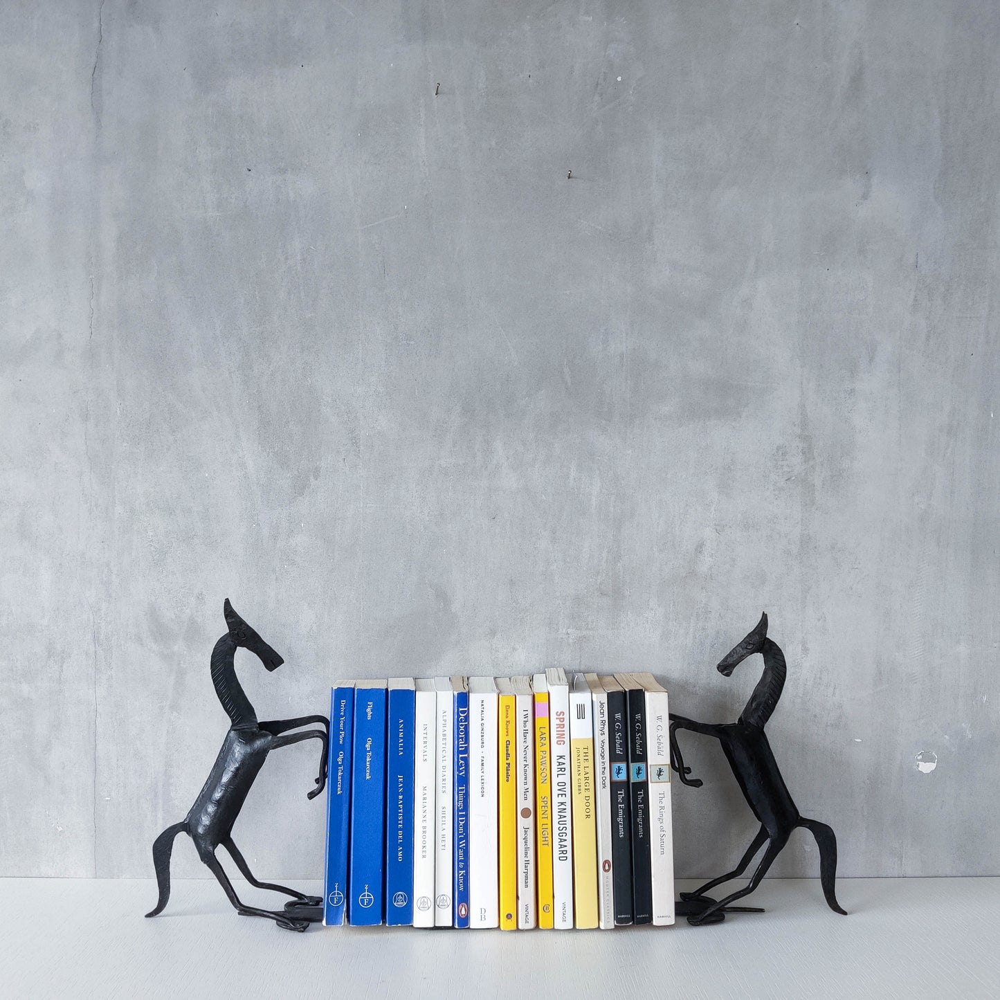 Vintage brutalist pair of hand forged patinated steel horses bookends sculptures