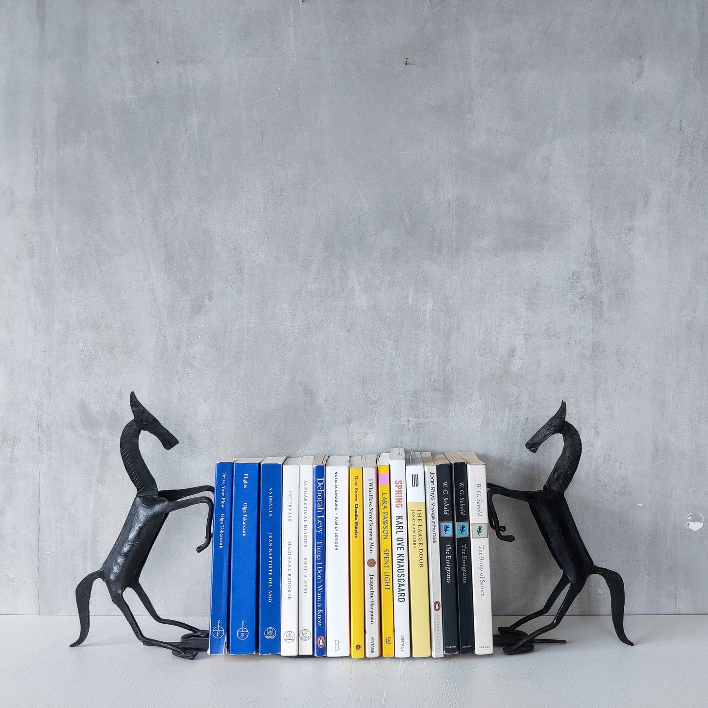 Vintage brutalist pair of hand forged patinated steel horses bookends sculptures